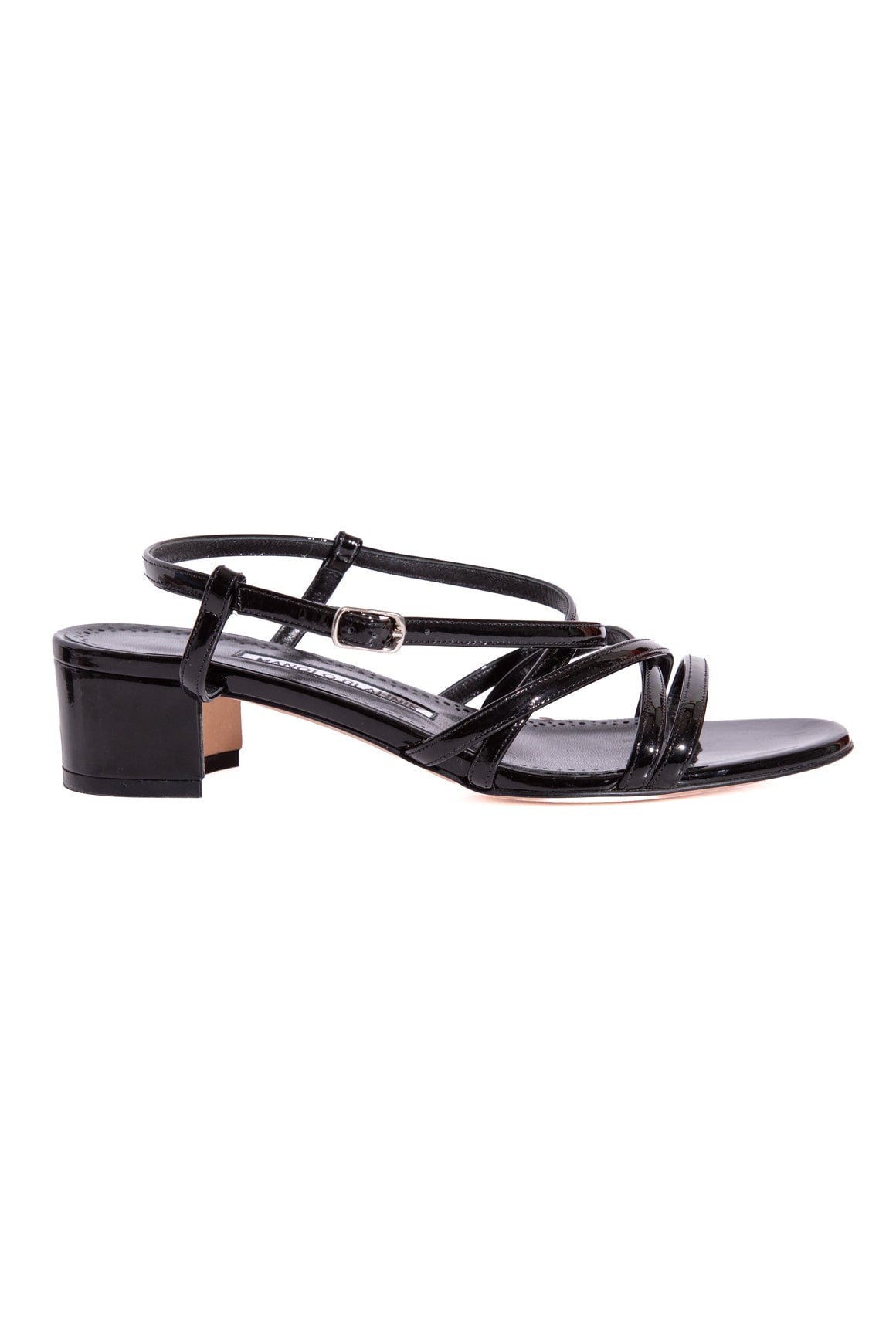 MANOLO BLAHNIK Black Patent Strappy Block Heel Sandals (Sz. 37.5)