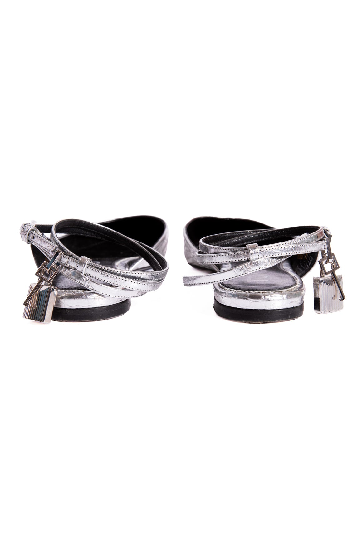 TOM FORD Silver Crocodile Ankle Lock Flats (Sz. 41)
