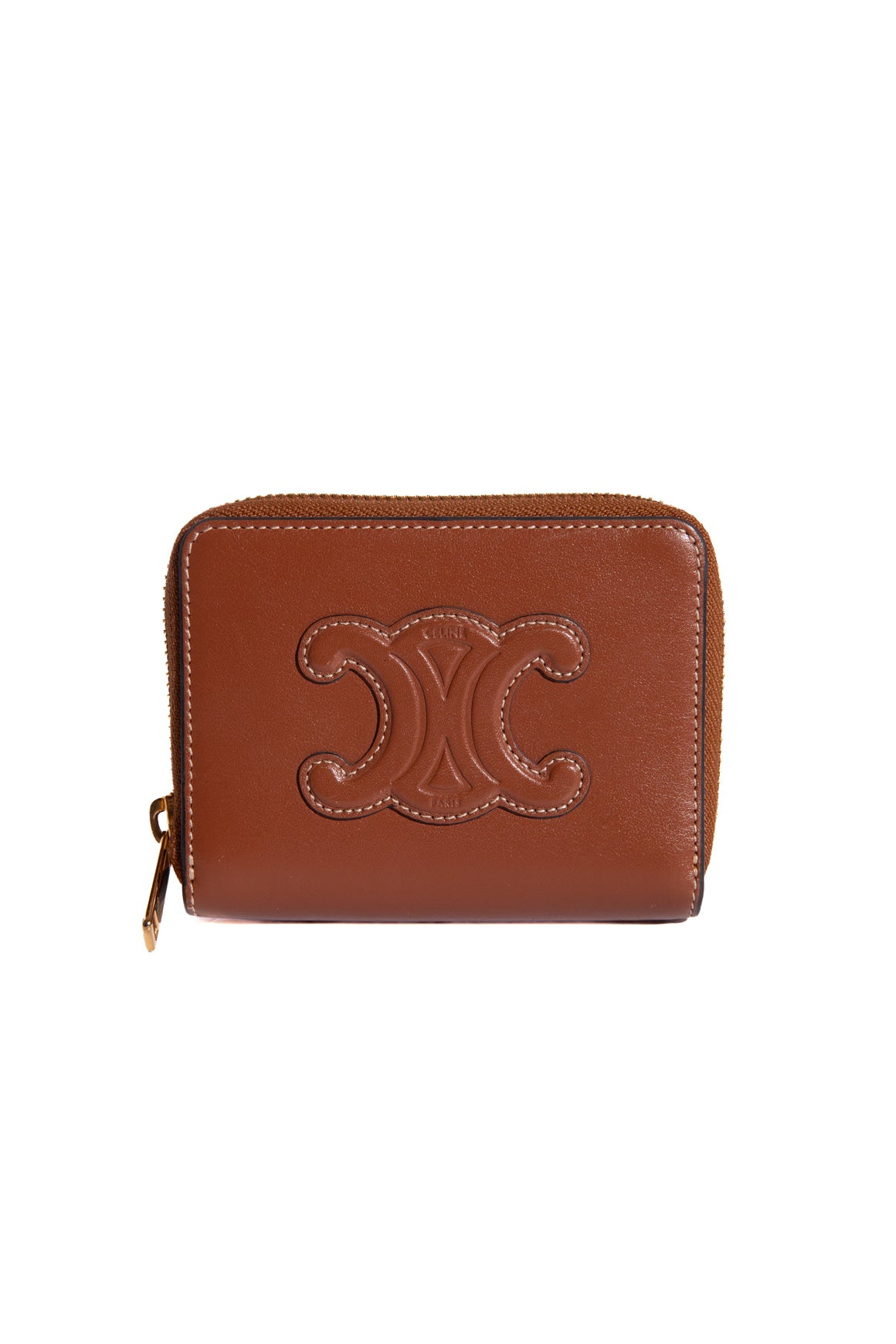 CELINE Tan Leather Triomphe Zip Around Coin Pouch