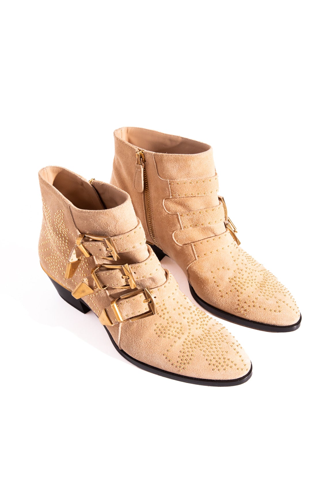 CHLOE Beige Suede Gold Studded Ankle Boots (Sz. 36)