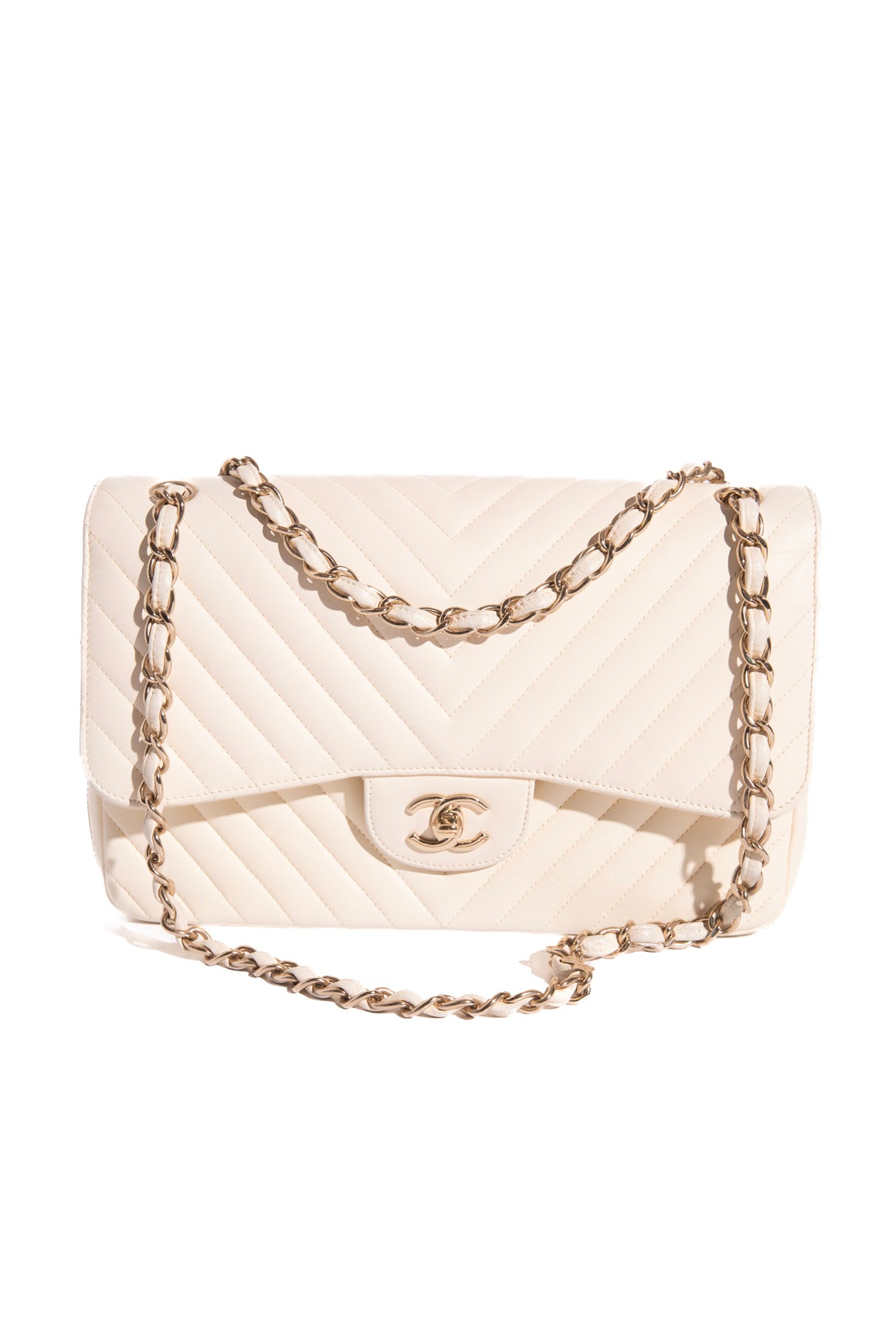 CHANEL Cream Quilted Chevron Jumbo Double Flap