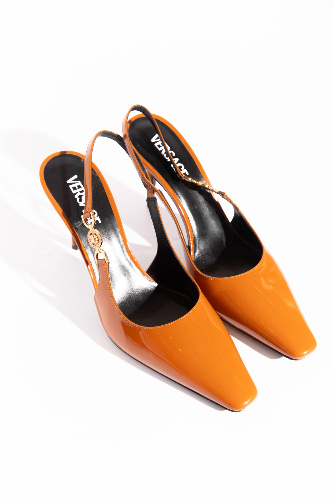 VERSACE Rust Patent Slingback Medusa Pumps (Sz. 41)