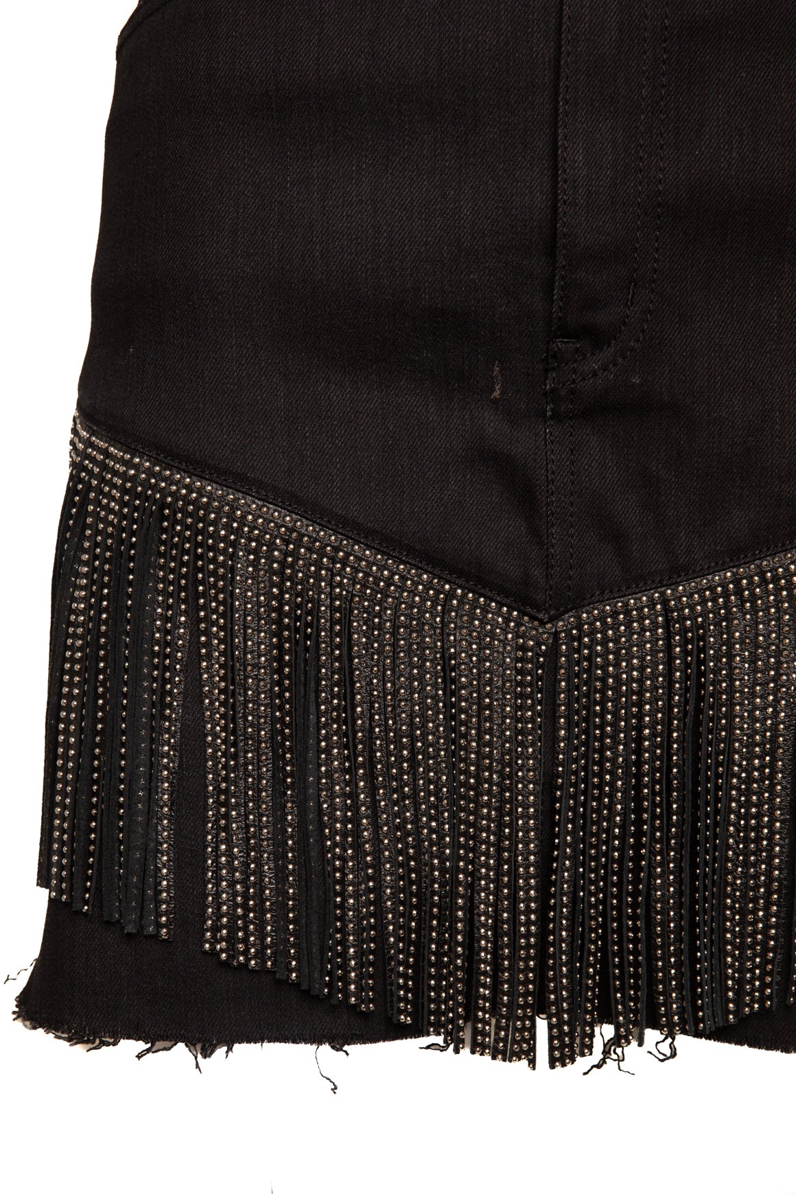 SAINT LAURENT Denim & Leather Fringe Mini Skirt (Sz. 29)