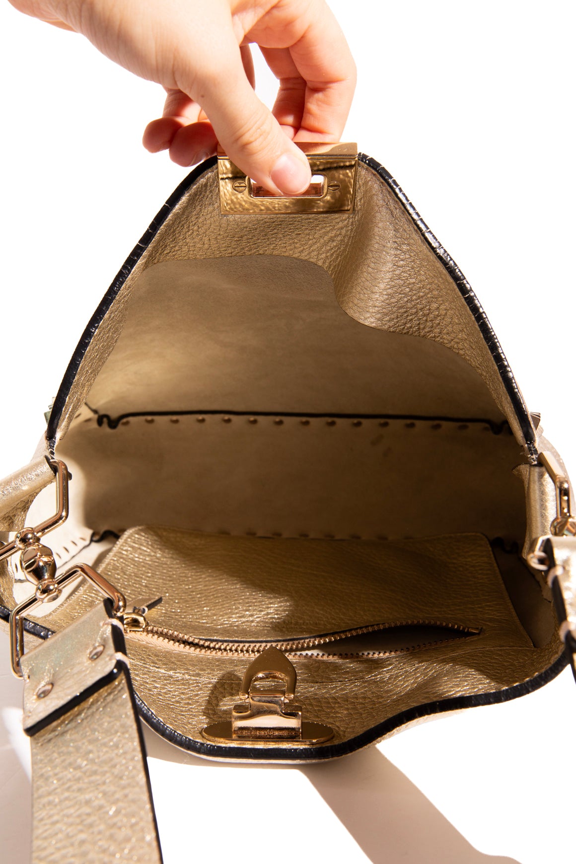VALENTINO Gold Metallic Flip Lock Messenger Bag