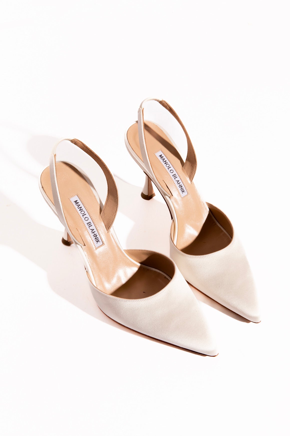 MANOLO BLAHNIK White Satin Slingback Pumps (Sz. 38.5)