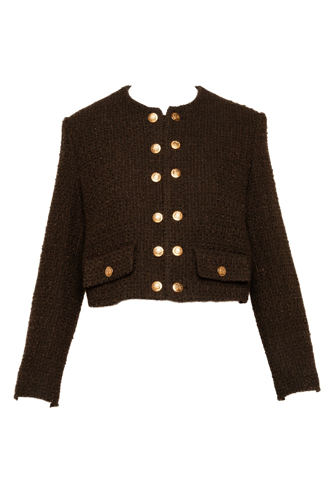ジャケット・アウター CELINE TWEED JACKET Celine Brown Wool Tweed Leather Trim Crew Neck Jacket Size 36 FR