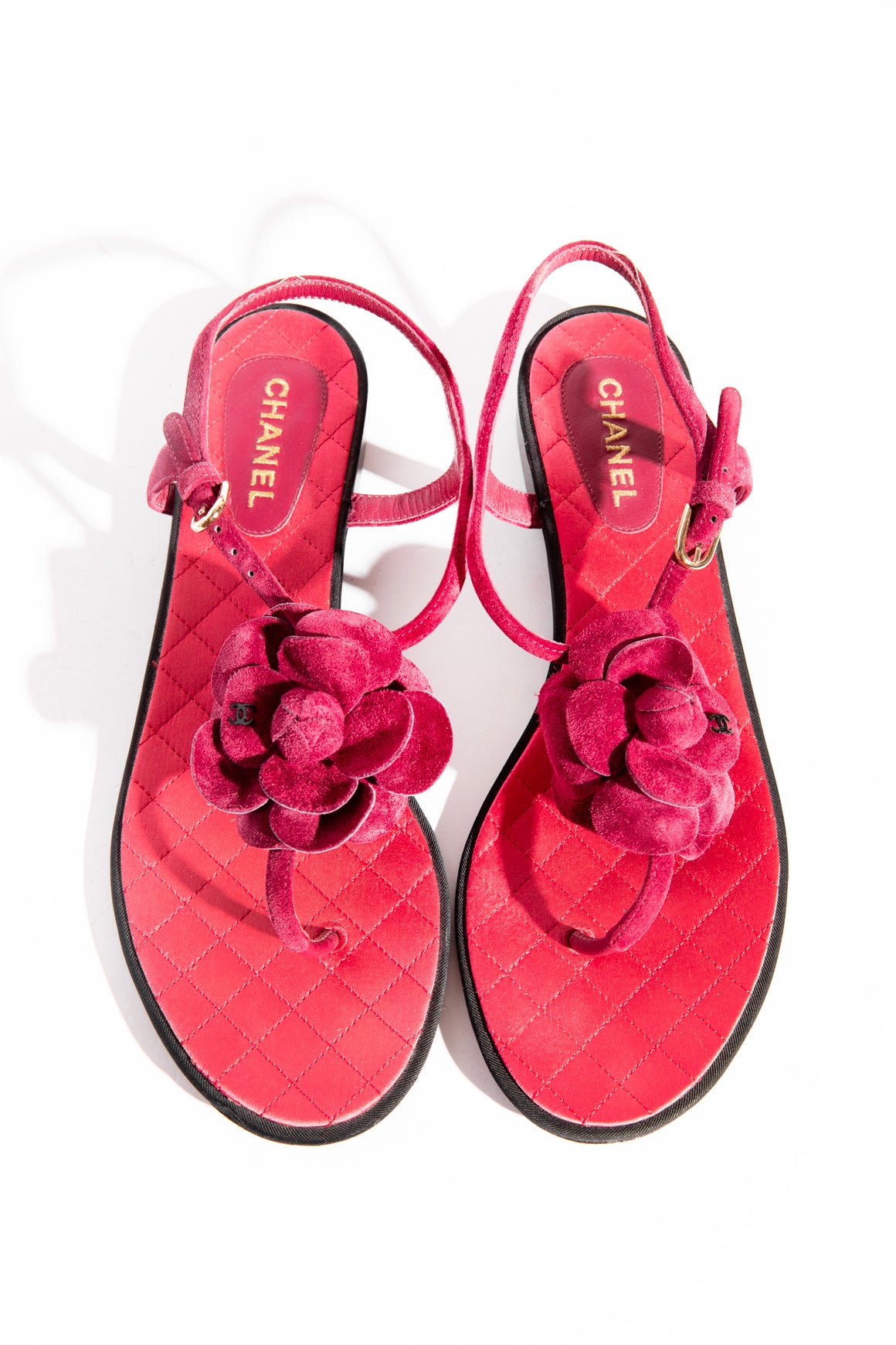 CHANEL Red Suede Floral Applique Sandals (Sz 40.5)