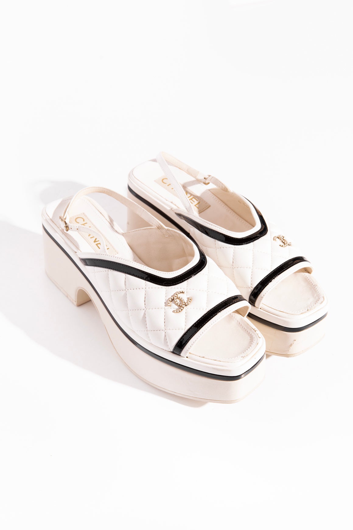 CHANEL White and Black Quilted Platform Sandals (Sz. 40)