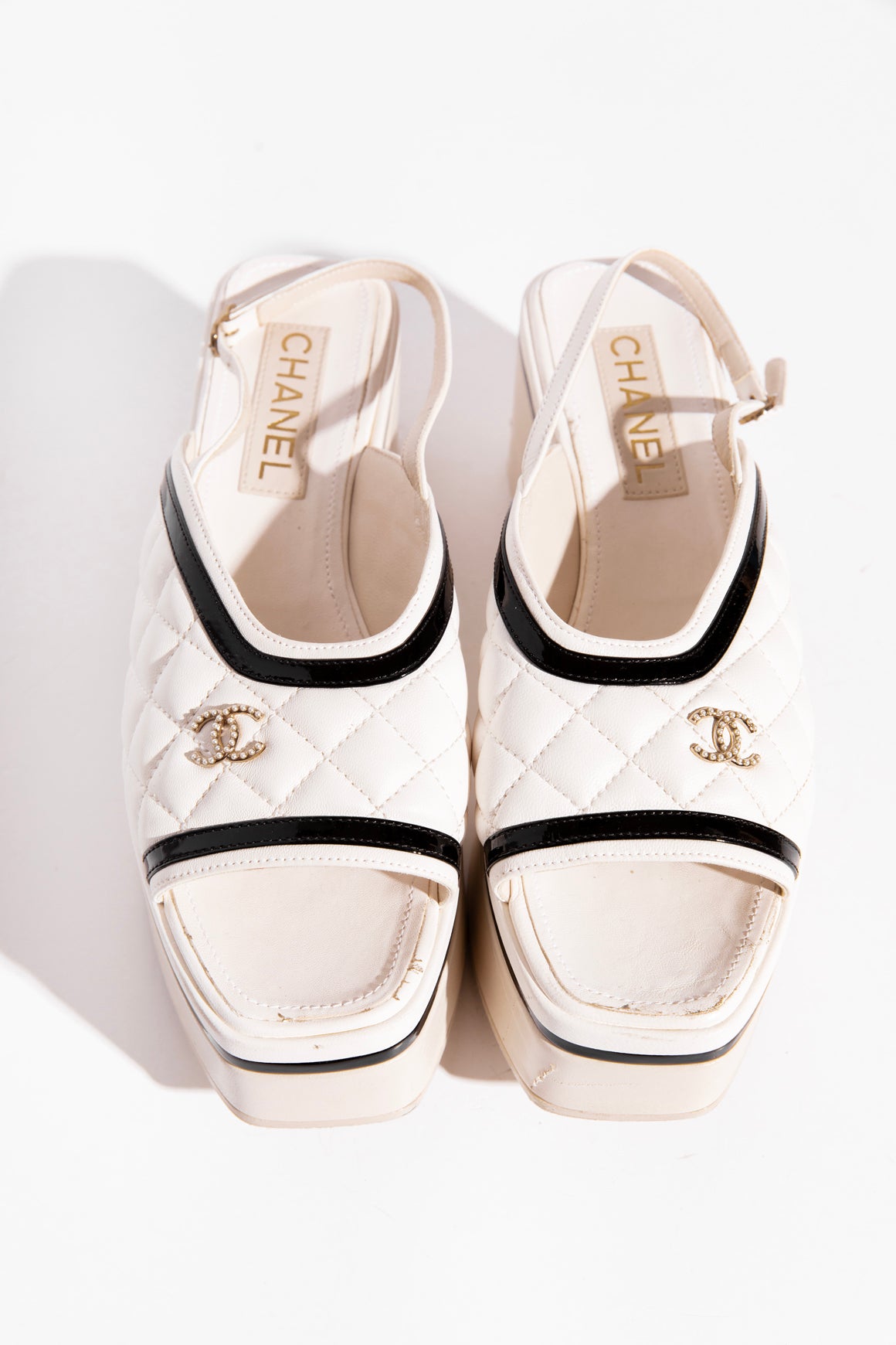 CHANEL White and Black Quilted Platform Sandals (Sz. 40)