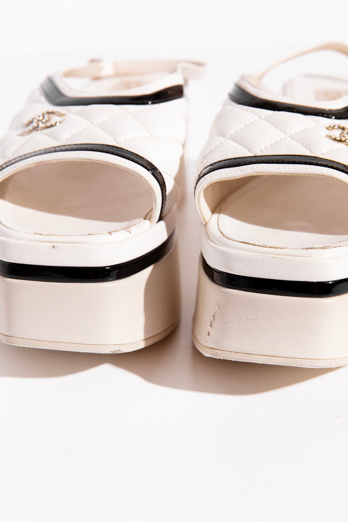 CHANEL White and Black Quilted Platform Sandals (Sz. 40)