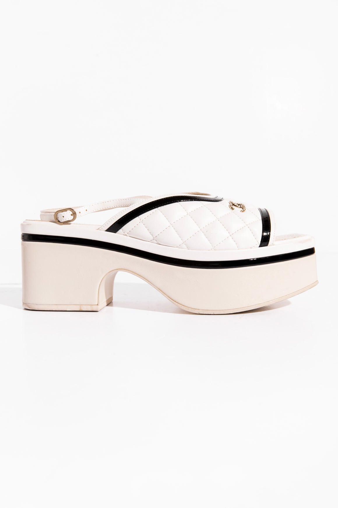 CHANEL White and Black Quilted Platform Sandals (Sz. 40)
