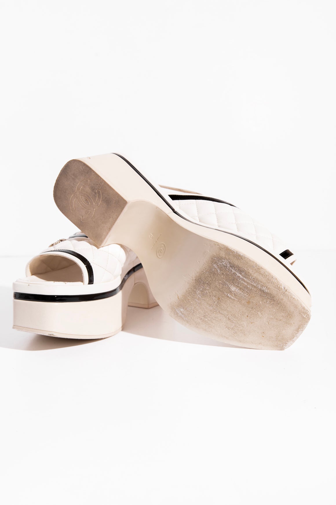 CHANEL White and Black Quilted Platform Sandals (Sz. 40)