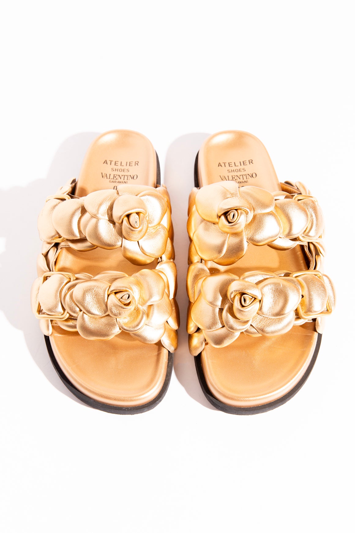 VALENTINO Gold Leather Floral Applique Sandals (Sz 39.5)