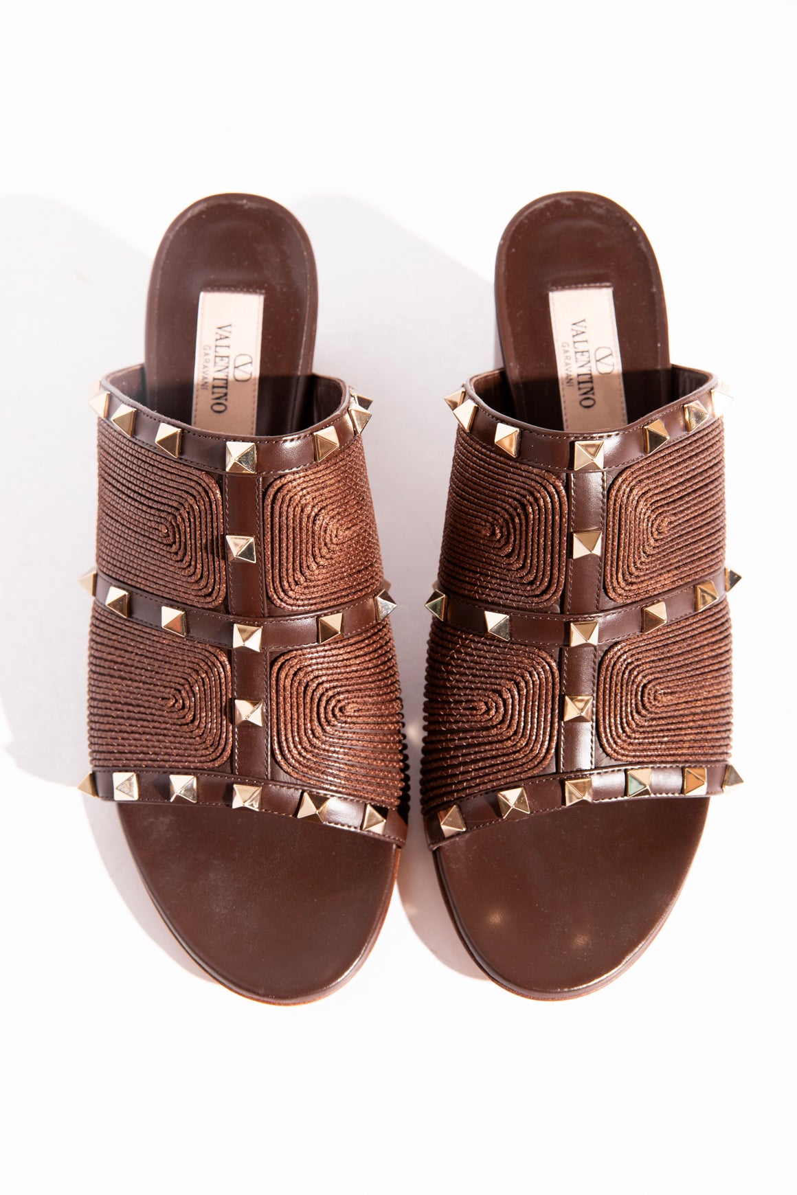 VALENTINO Brown Embroidered Rock-stud Block Heel Mules (Sz. 39.5)