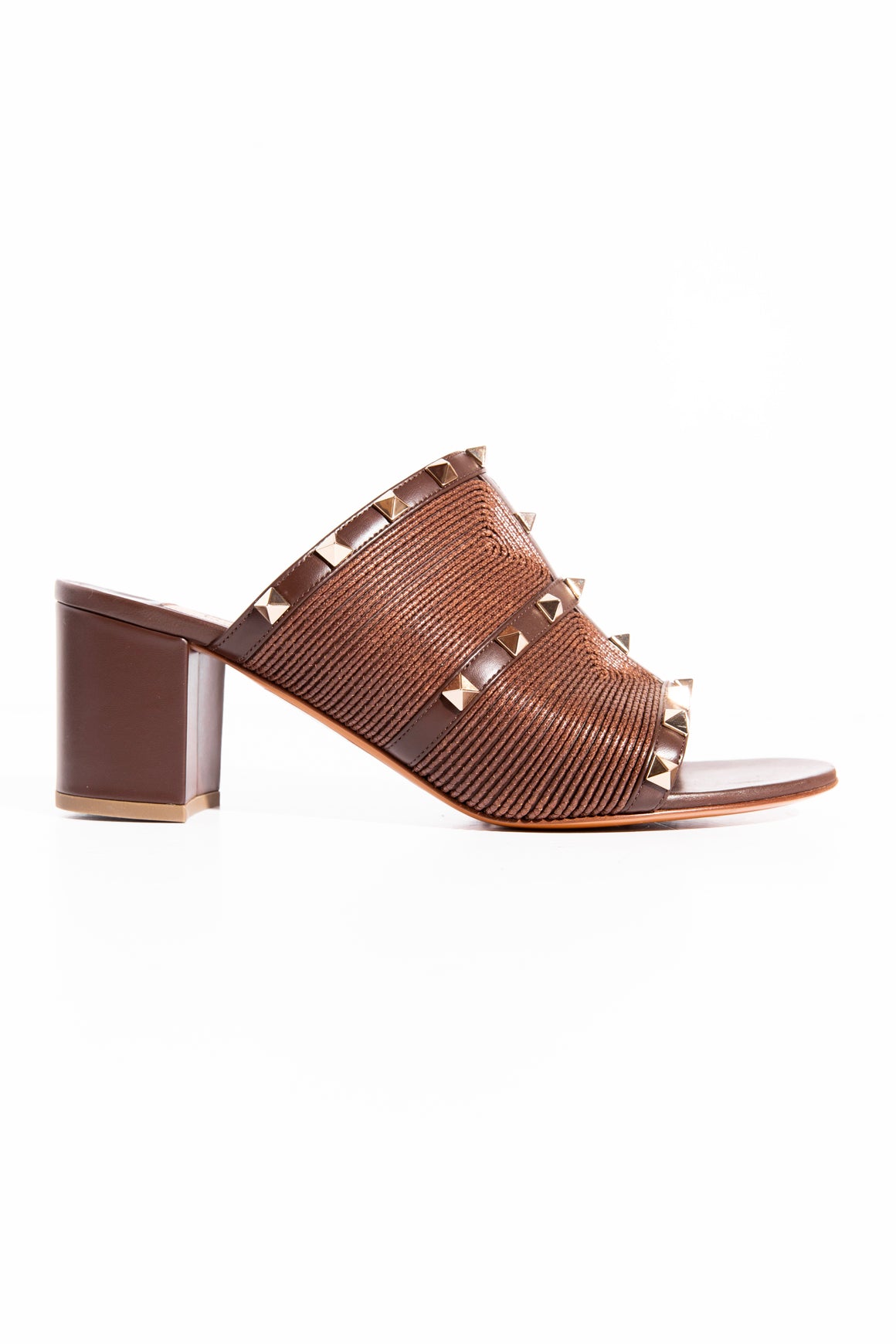VALENTINO Brown Embroidered Rock-stud Block Heel Mules (Sz. 39.5)