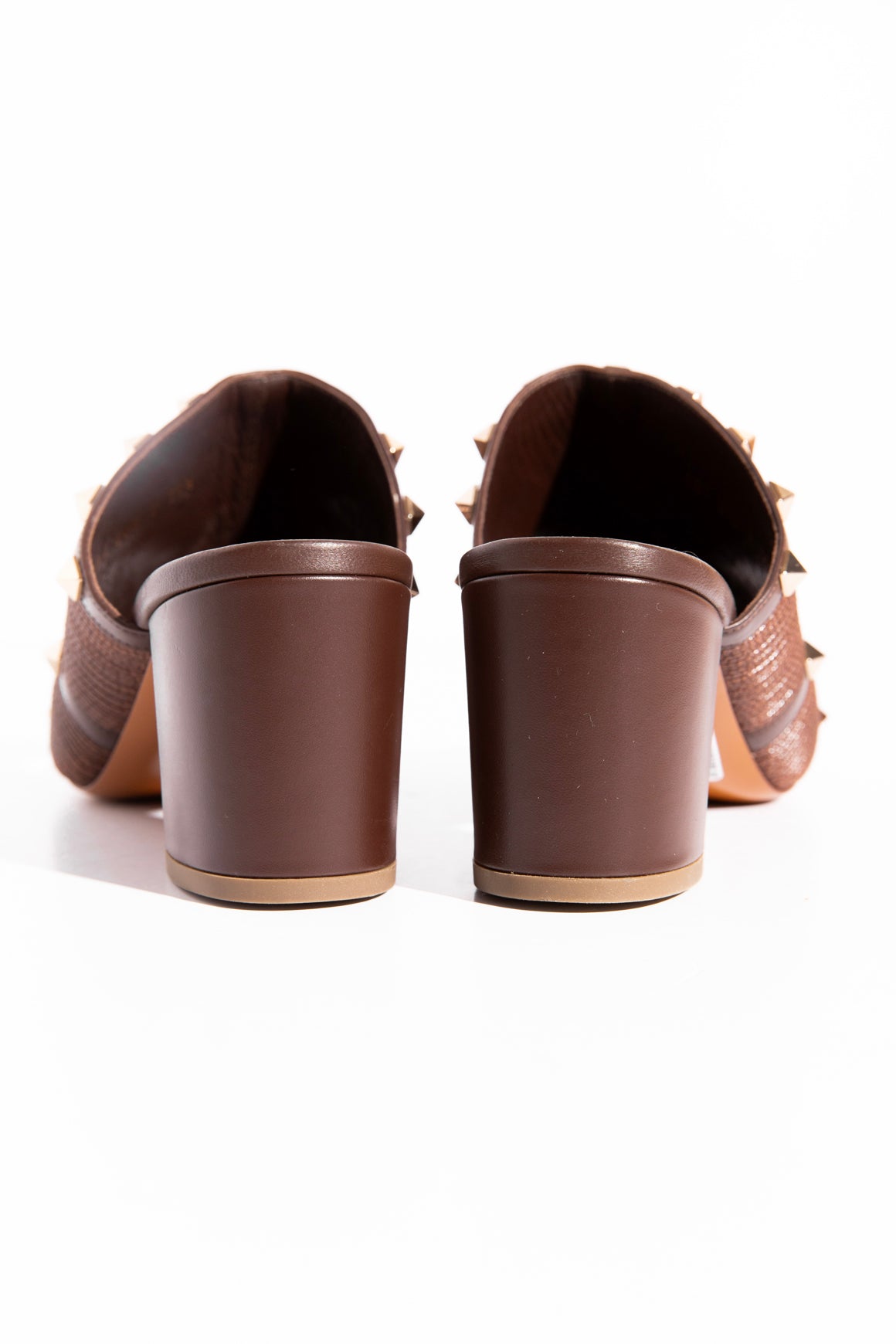 VALENTINO Brown Embroidered Rock-stud Block Heel Mules (Sz. 39.5)