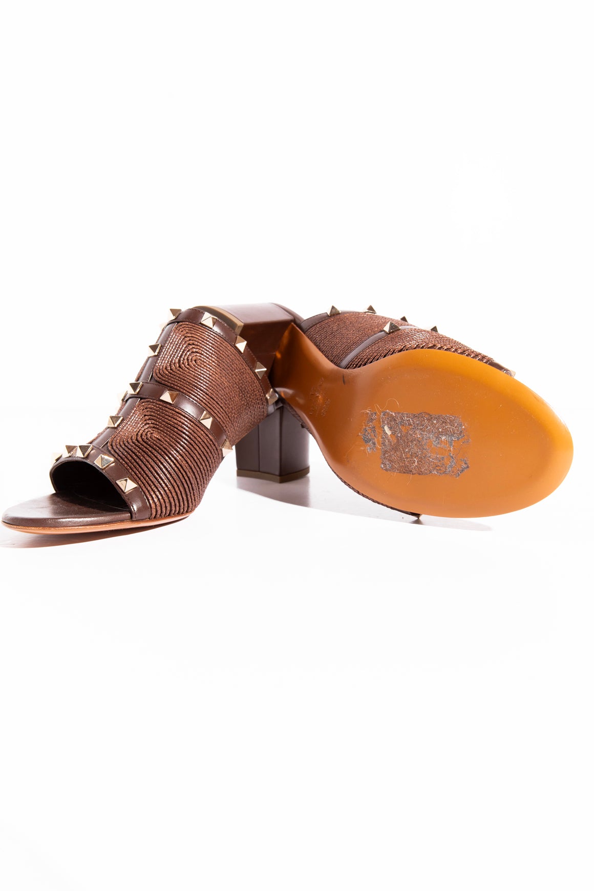VALENTINO Brown Embroidered Rock-stud Block Heel Mules (Sz. 39.5)