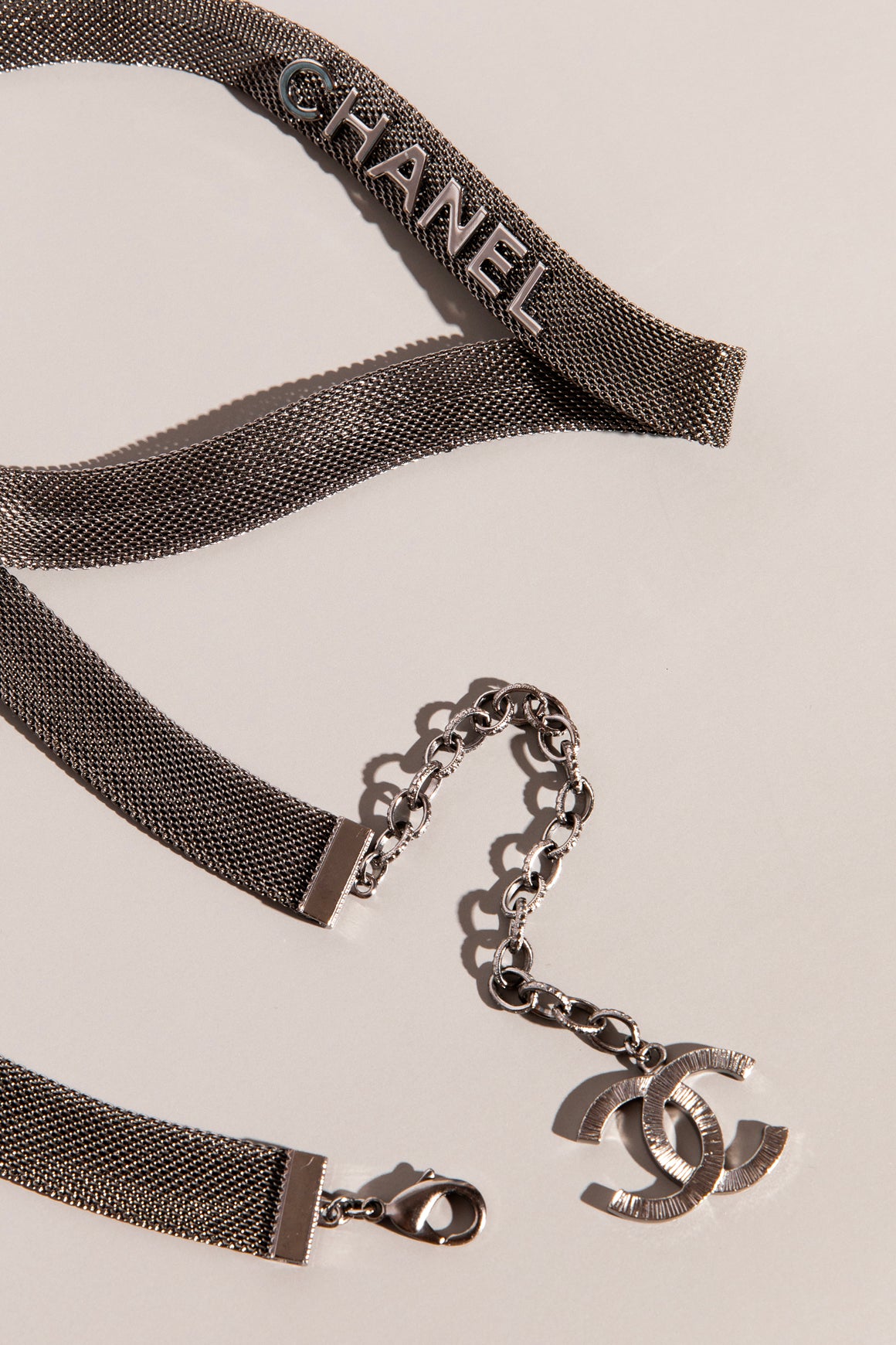 CHANEL Gunmetal Chainmail Logo Belt