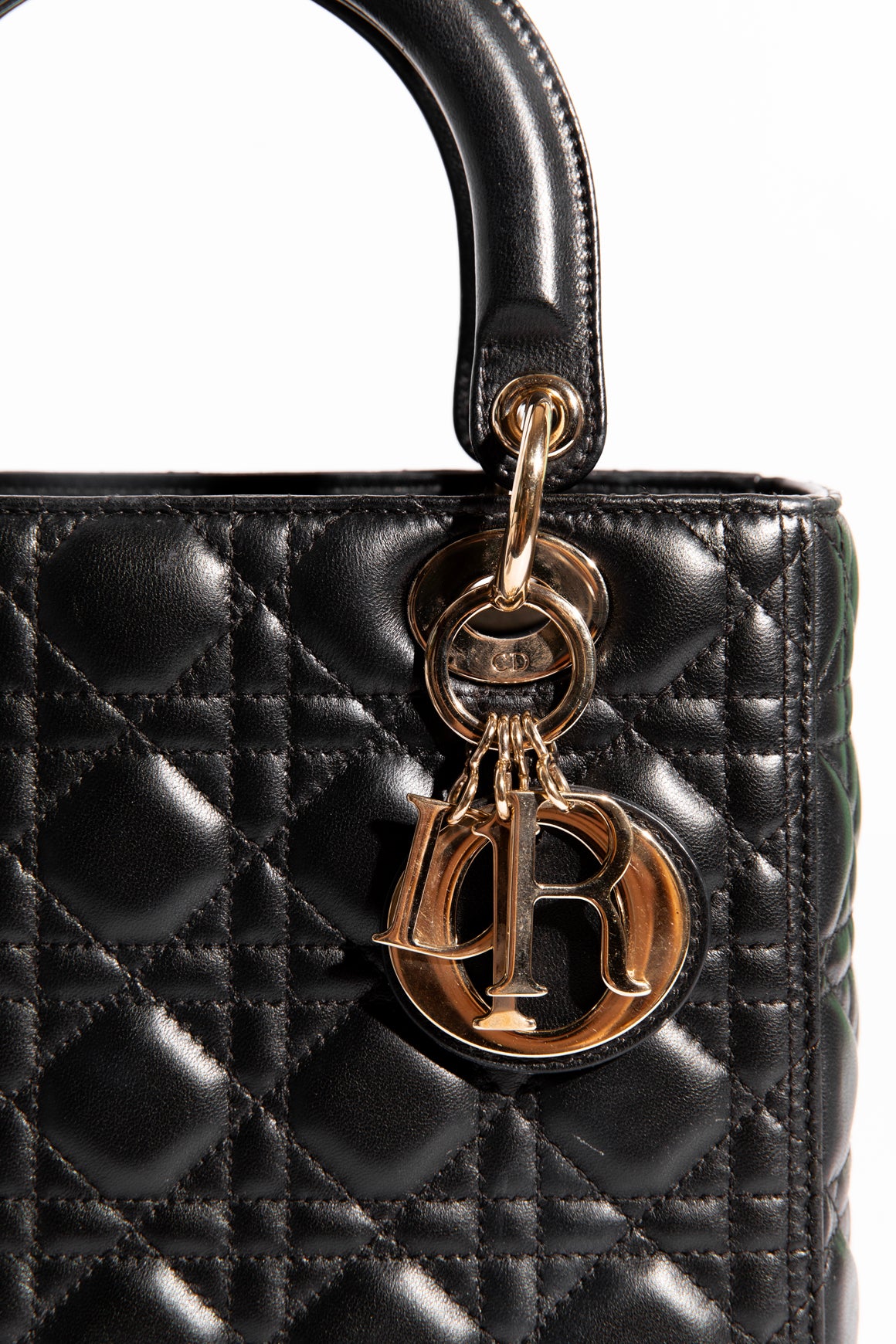 CHRISTIAN DIOR Black & Gold Lady Dior Bag - Medium
