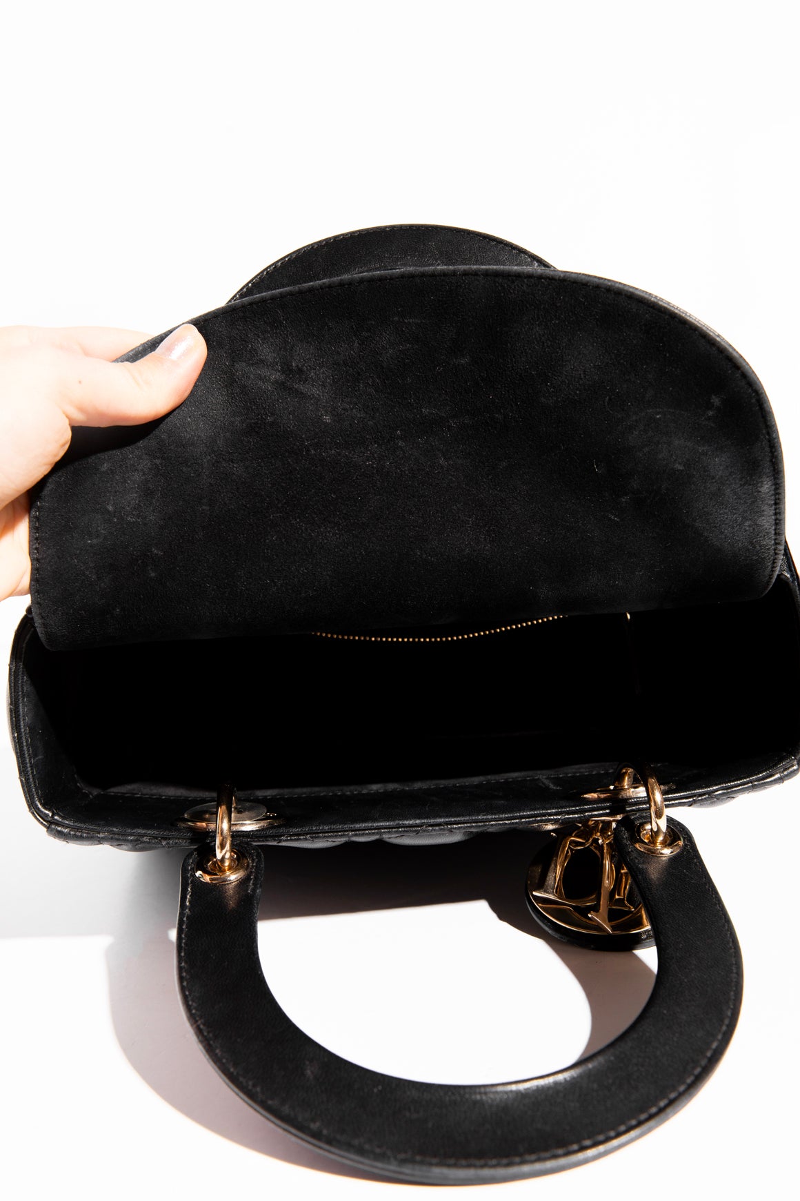 CHRISTIAN DIOR Black & Gold Lady Dior Bag - Medium