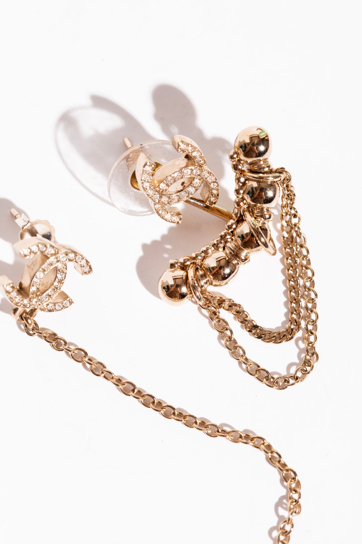 CHANEL Gold Crystal CC & Gold Chain Asymmetric Earrings