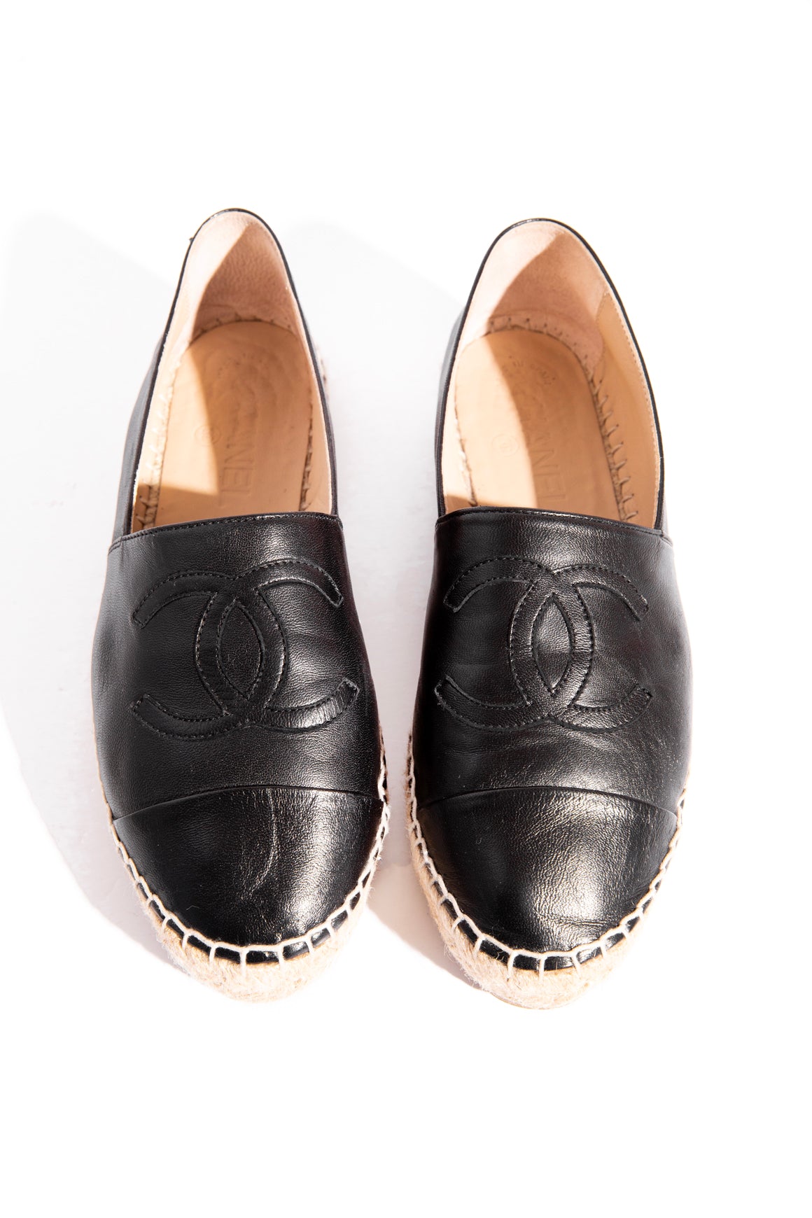 CHANEL Black Calfskin CC Espadrille Loafers (Sz. 36)