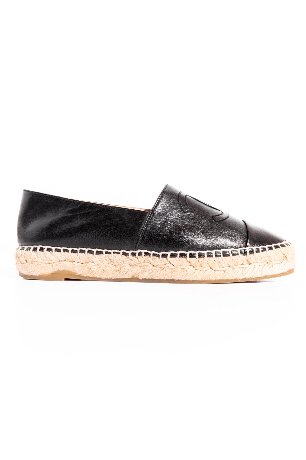 CHANEL Black Calfskin CC Espadrille Loafers (Sz. 36)