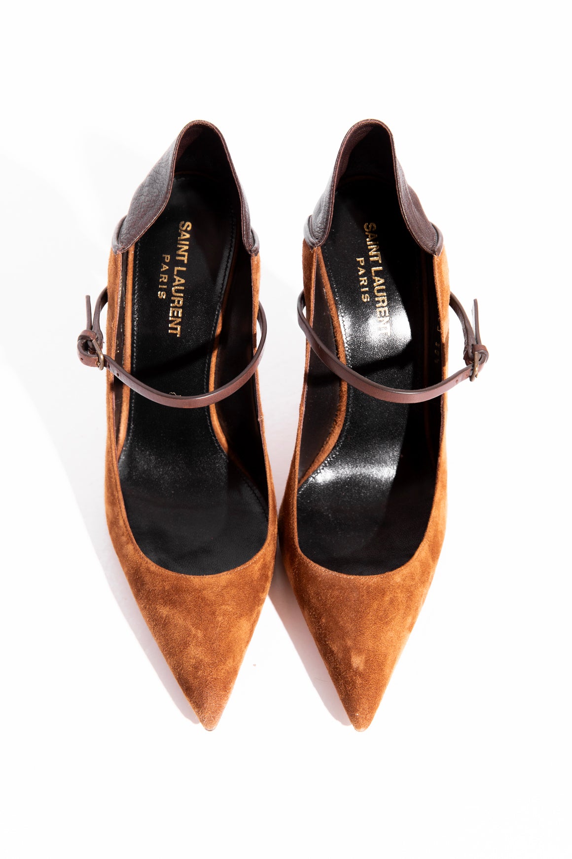 SAINT LAURENT Brown Suede & Leather Maryjane Pumps (Sz 38.5)