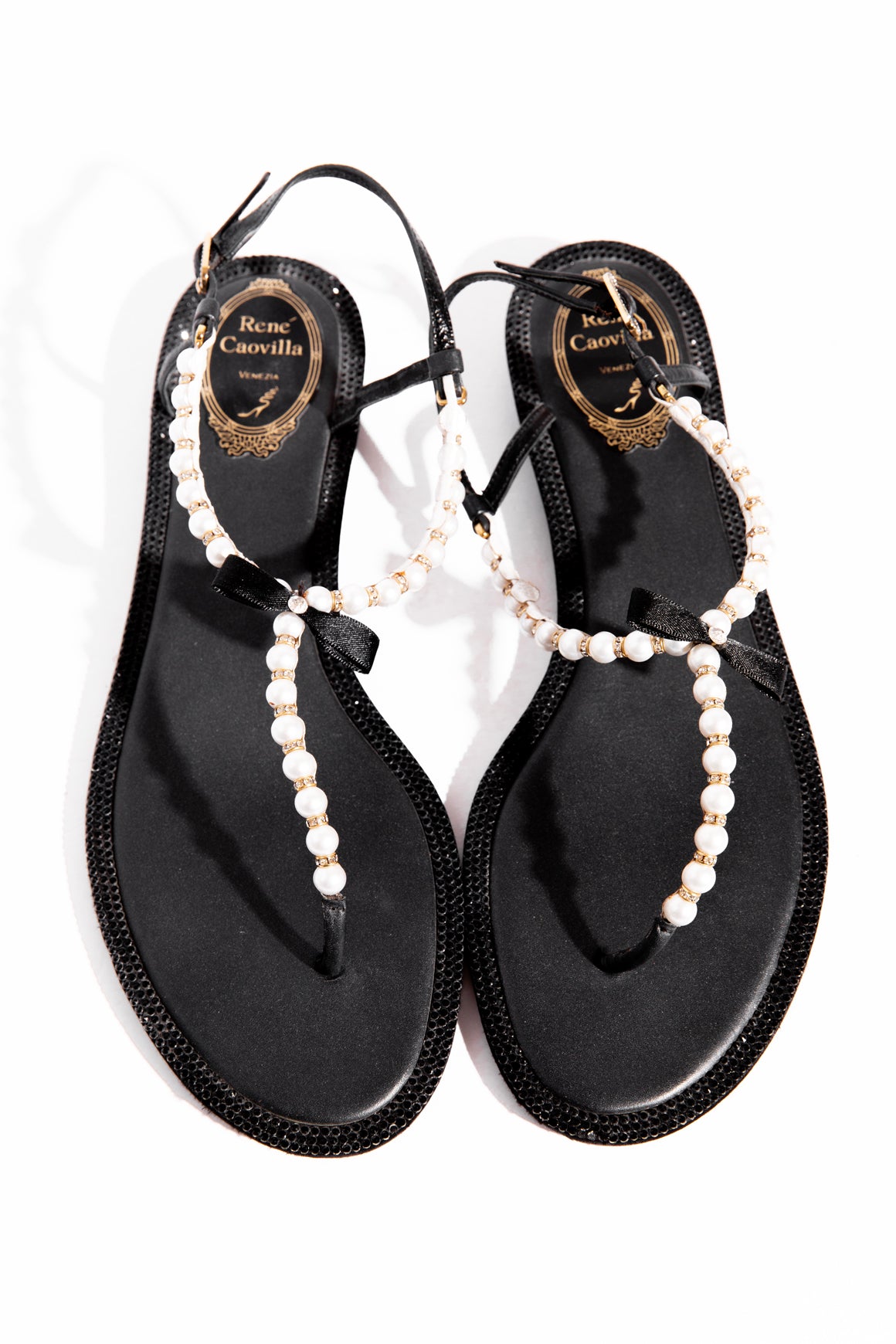 RENE CAOVILLA Black Crystal & Pearl Thong Sandals (Sz. 40)