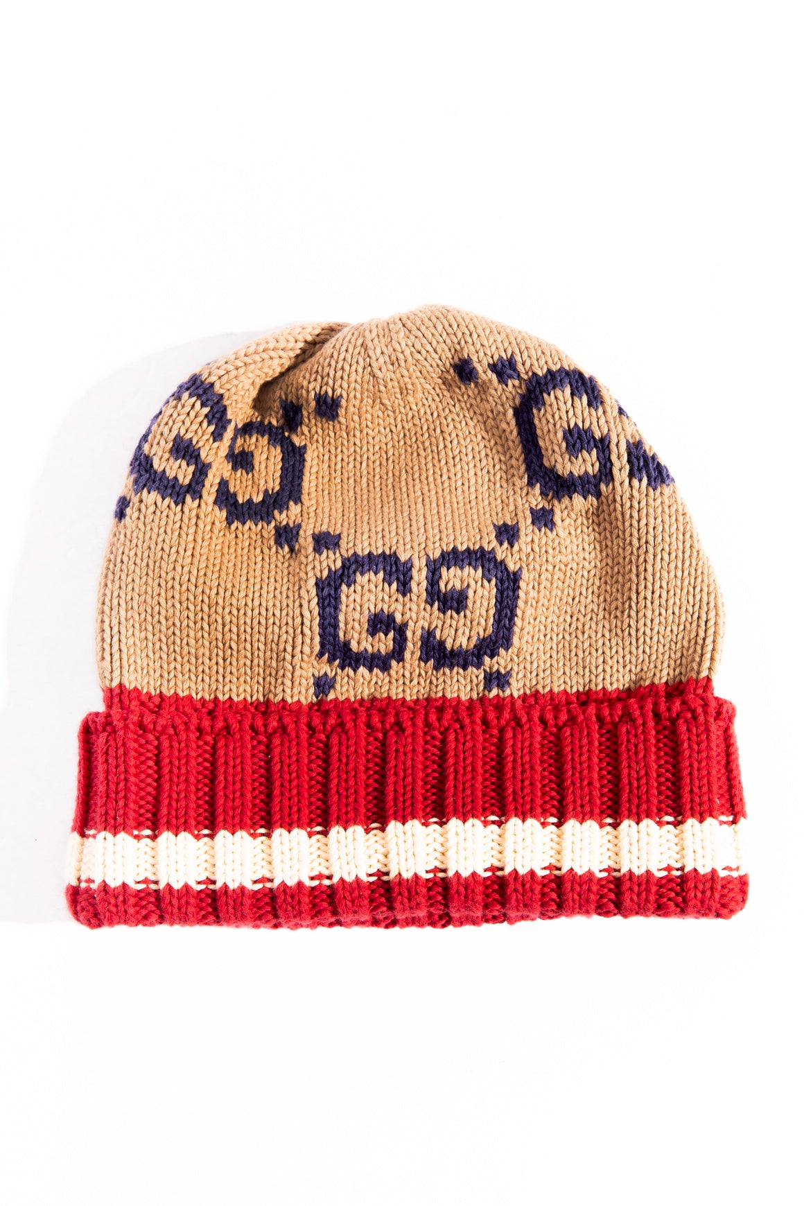 GUCCI Tan/Red/Blue Knit Beanie
