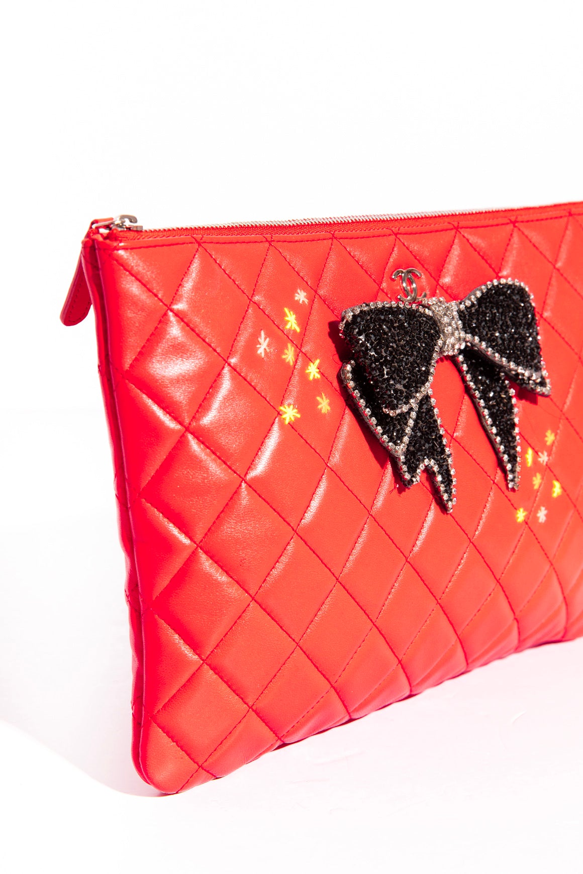 CHANEL Red Quilted Embossed Bow Pouch