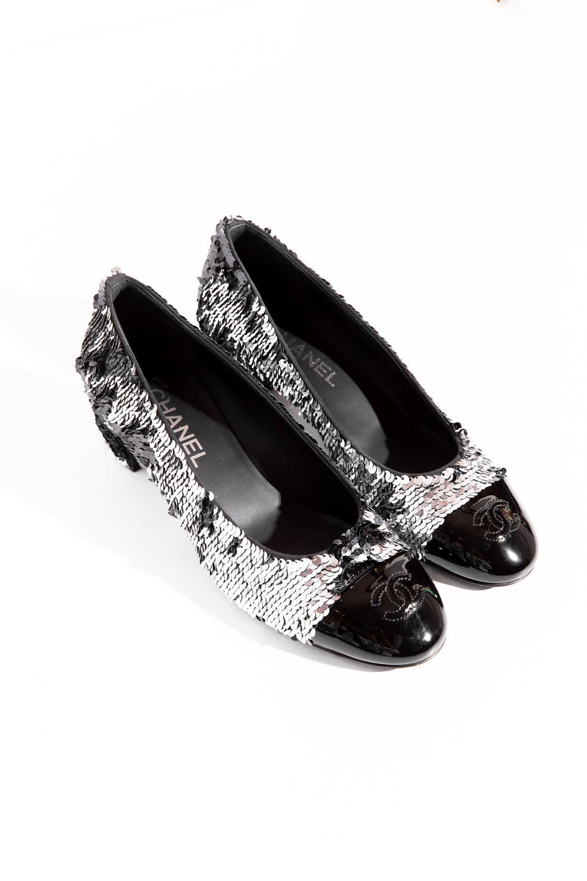 CHANEL Black & Silver Sequin CC Cap Toe Heels (Sz 38.5)