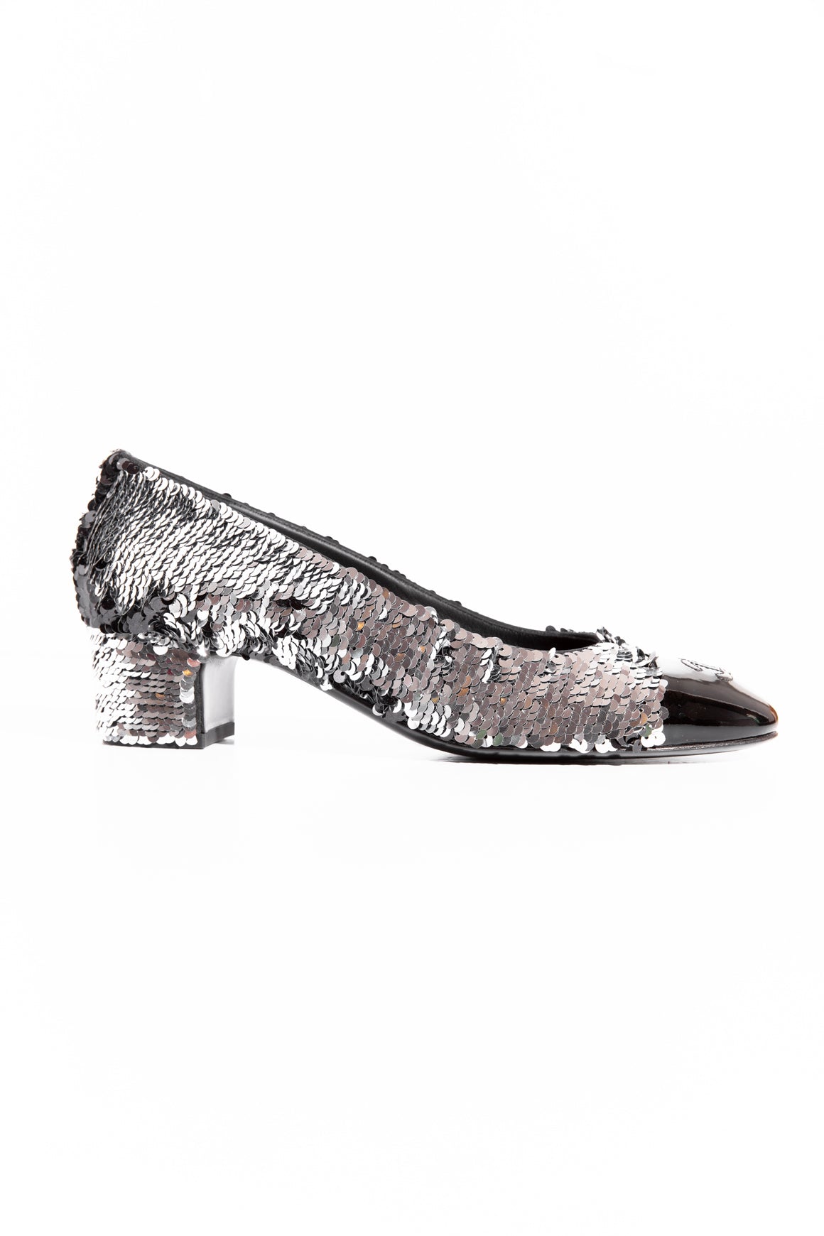CHANEL Black & Silver Sequin CC Cap Toe Heels (Sz 38.5)