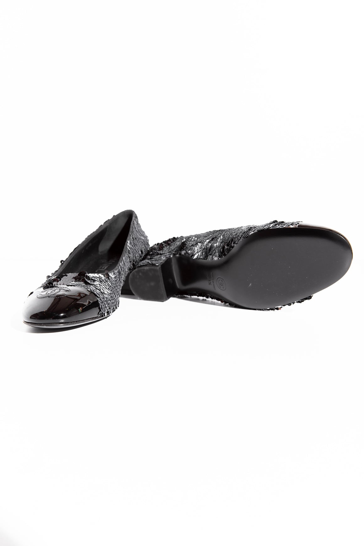 CHANEL Black & Silver Sequin CC Cap Toe Heels (Sz 38.5)