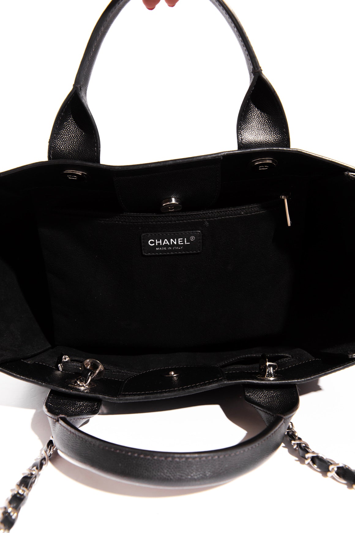 CHANEL Black Caviar Leather Studded Deauville Bag