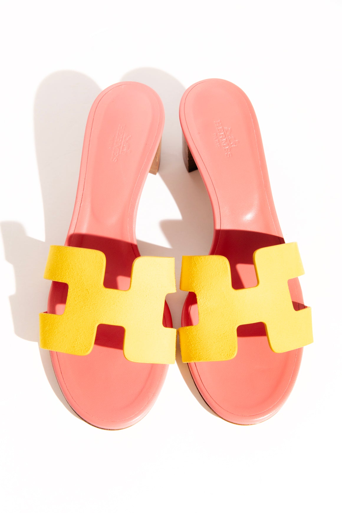 HERMES Yellow + Pink Stacked Mid Heel Sandal (Sz. 39)