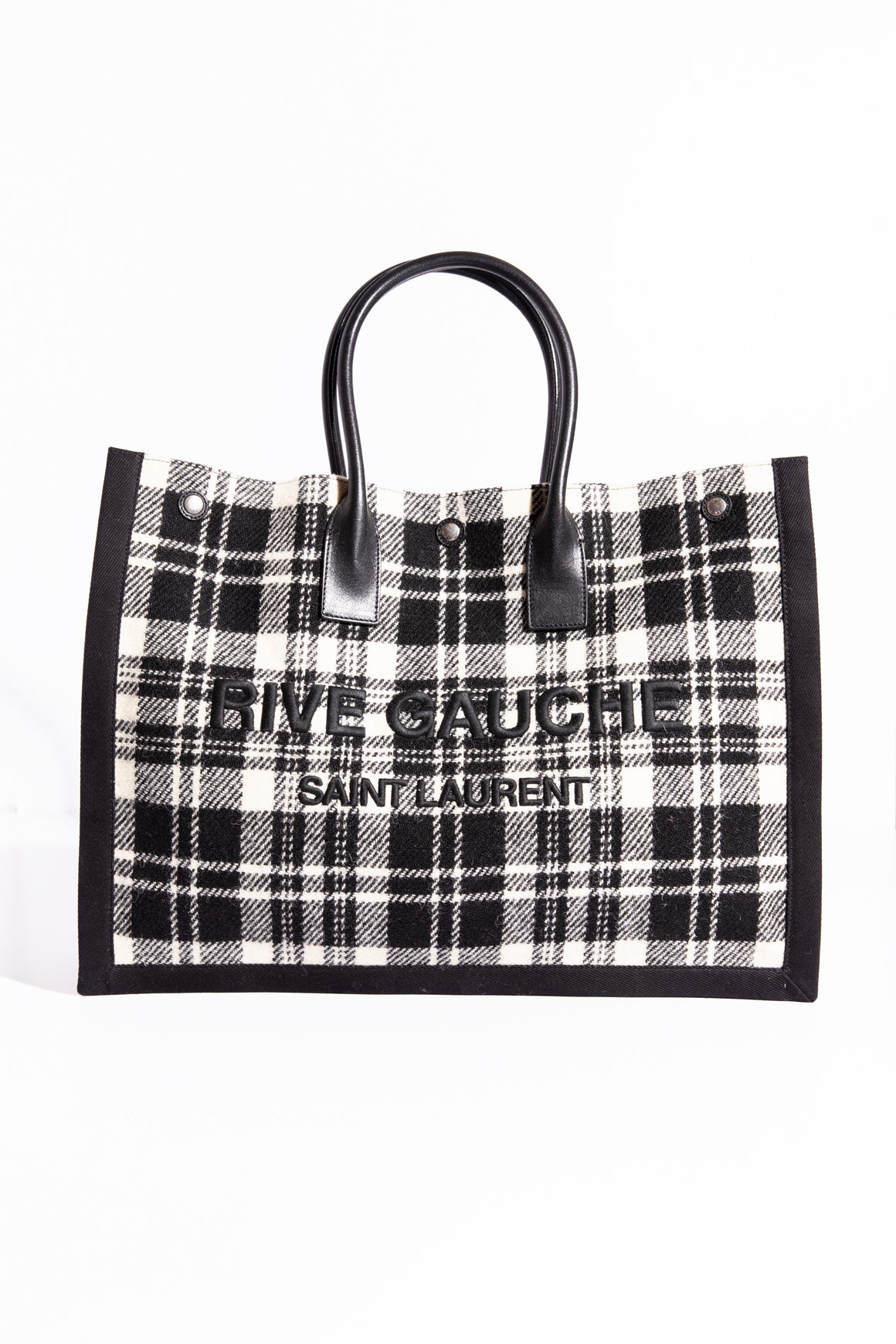 SAINT LAURENT Black & Cream Plaid Wool Rive Gauche Tote