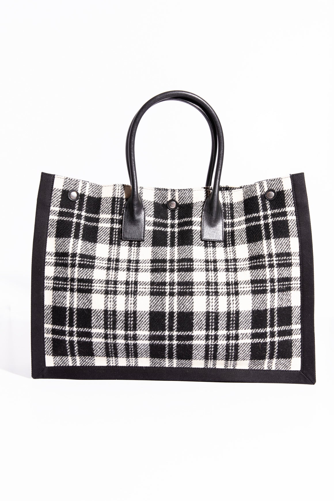 SAINT LAURENT Black & Cream Plaid Wool Rive Gauche Tote