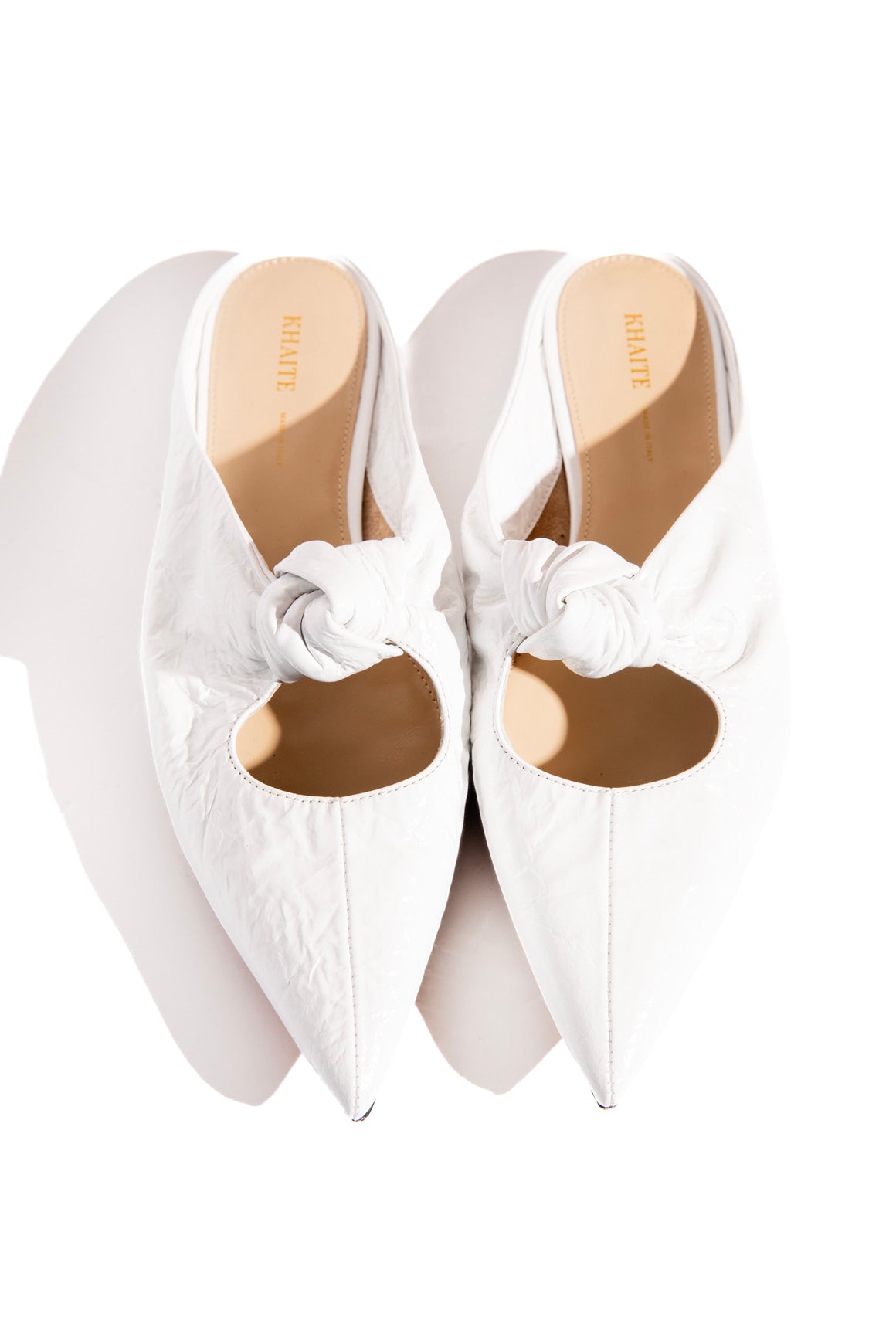 KHAITE White Crinkle 'Rowan' Knotted Leather Mules (Sz. 36)