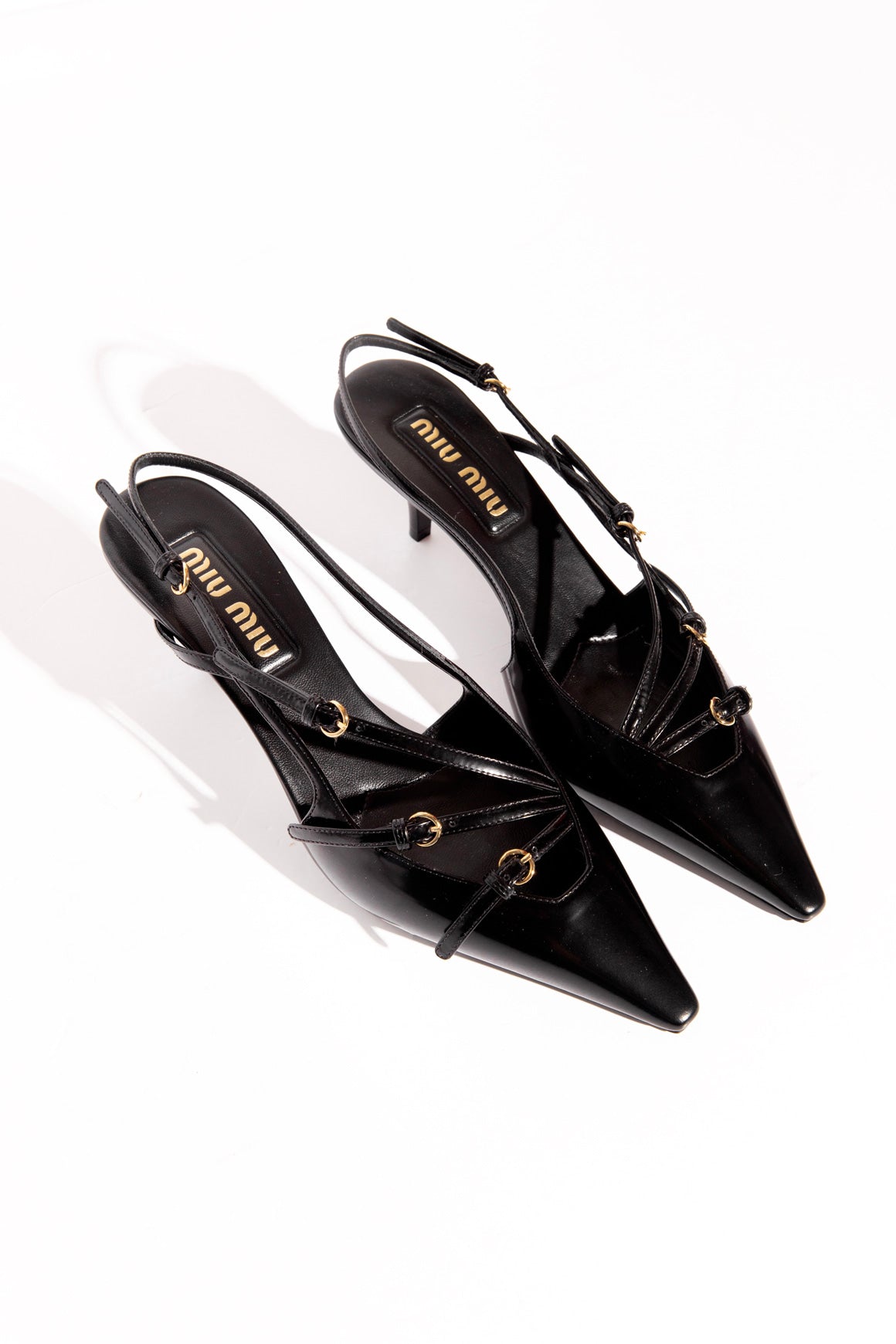MIU MIU Black Buckle Pointed Slingback Kitten Heels (Sz.39)