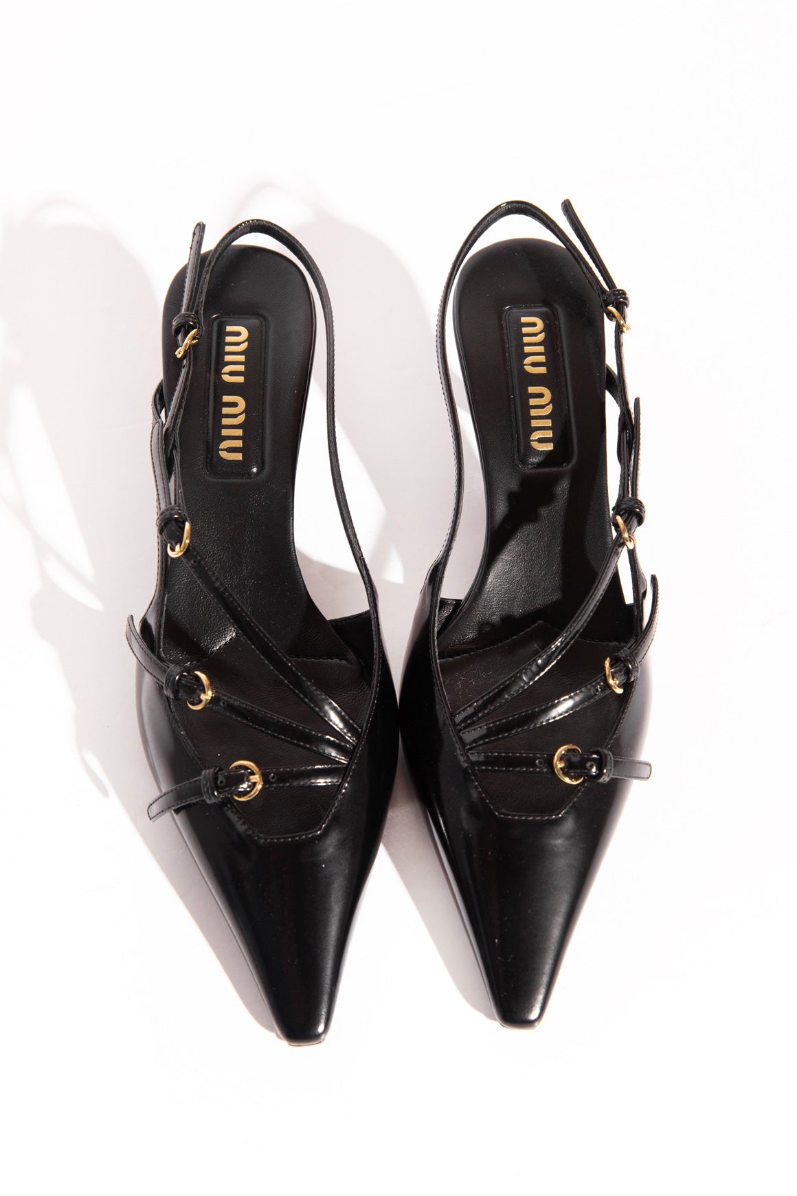 MIU MIU Black Buckle Pointed Slingback Kitten Heels (Sz.39)