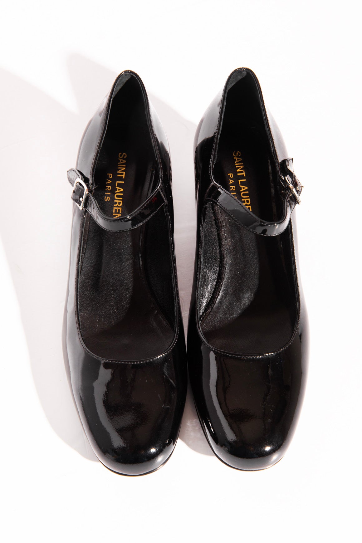 SAINT LAURENT Black Patent Grommet Accent Maryjanes (Sz. 36)
