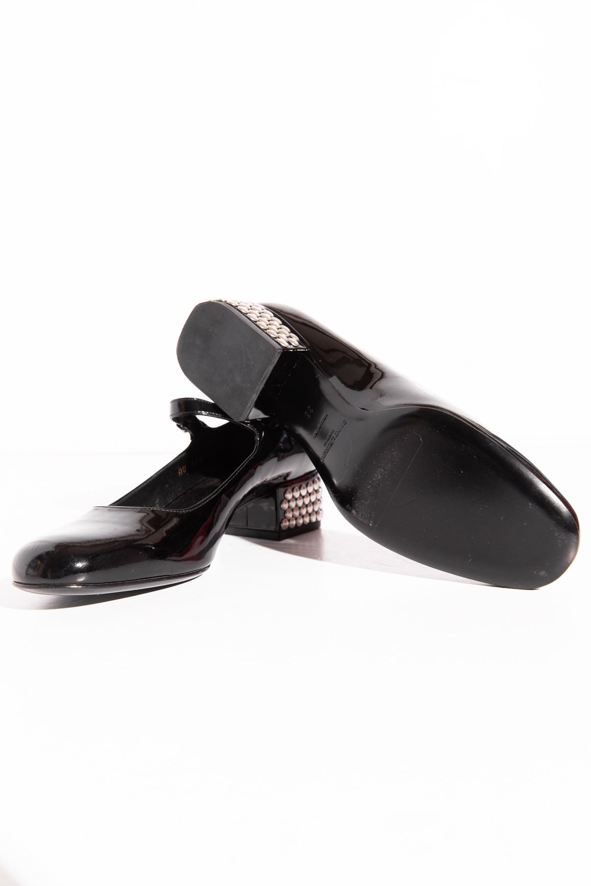 SAINT LAURENT Black Patent Grommet Accent Maryjanes (Sz. 36)
