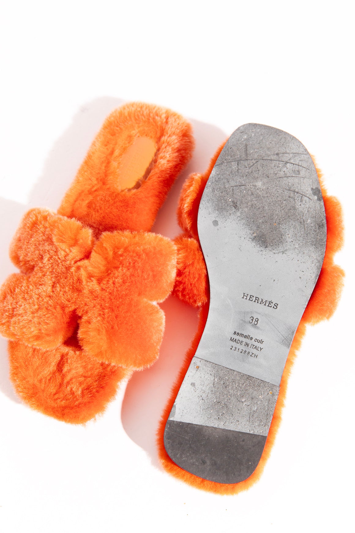 HERMES Orange Shearling 'Oran' Sandal (Sz. 38)