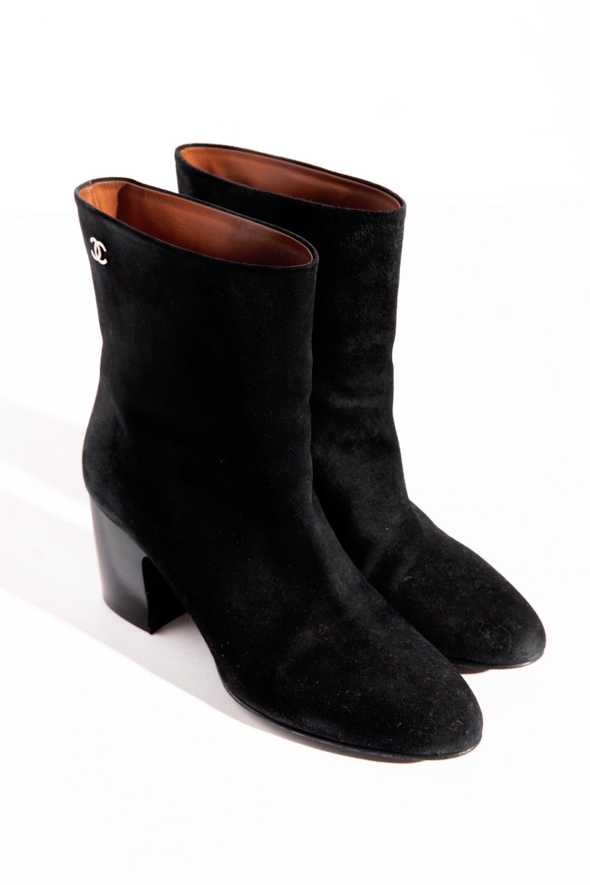 CHANEL Black Suede Block Heel Booties (Sz.41)