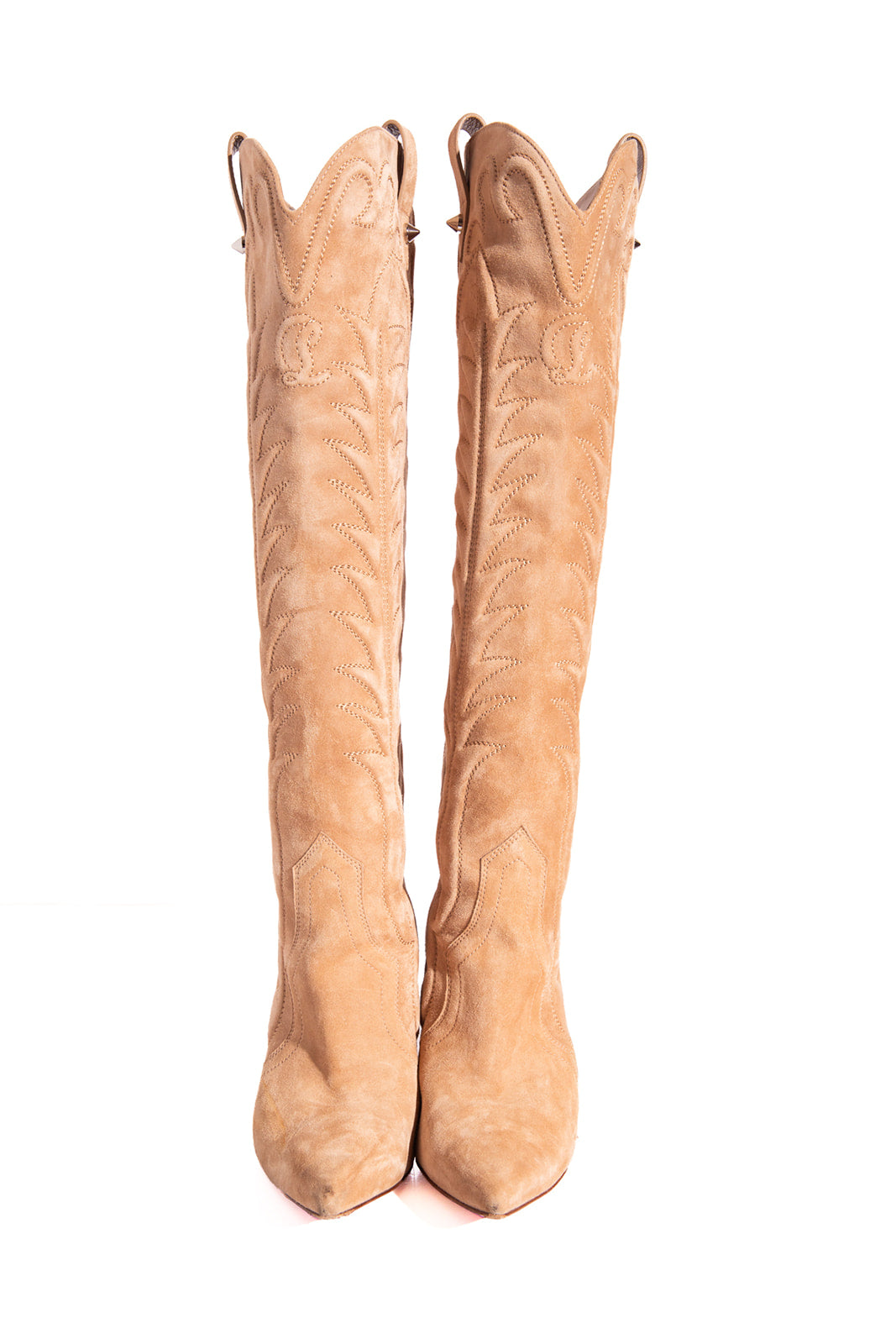 LOUBOUTIN Tan Suede Knee High Heeled "Santia" Boots (Sz. 38)