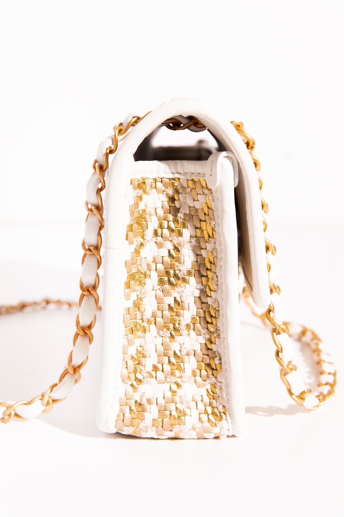 CHANEL Gold & White Tweed Flap Bag