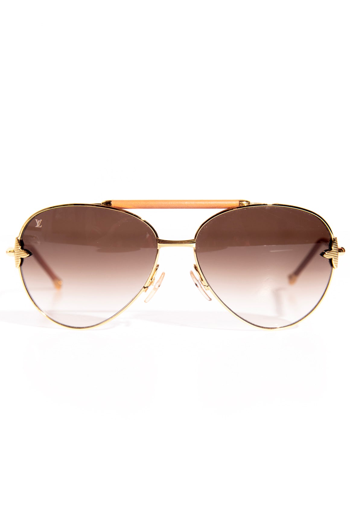 LOUIS VUITTON Gold Aviator Sunglasses W/ Leather Bridge