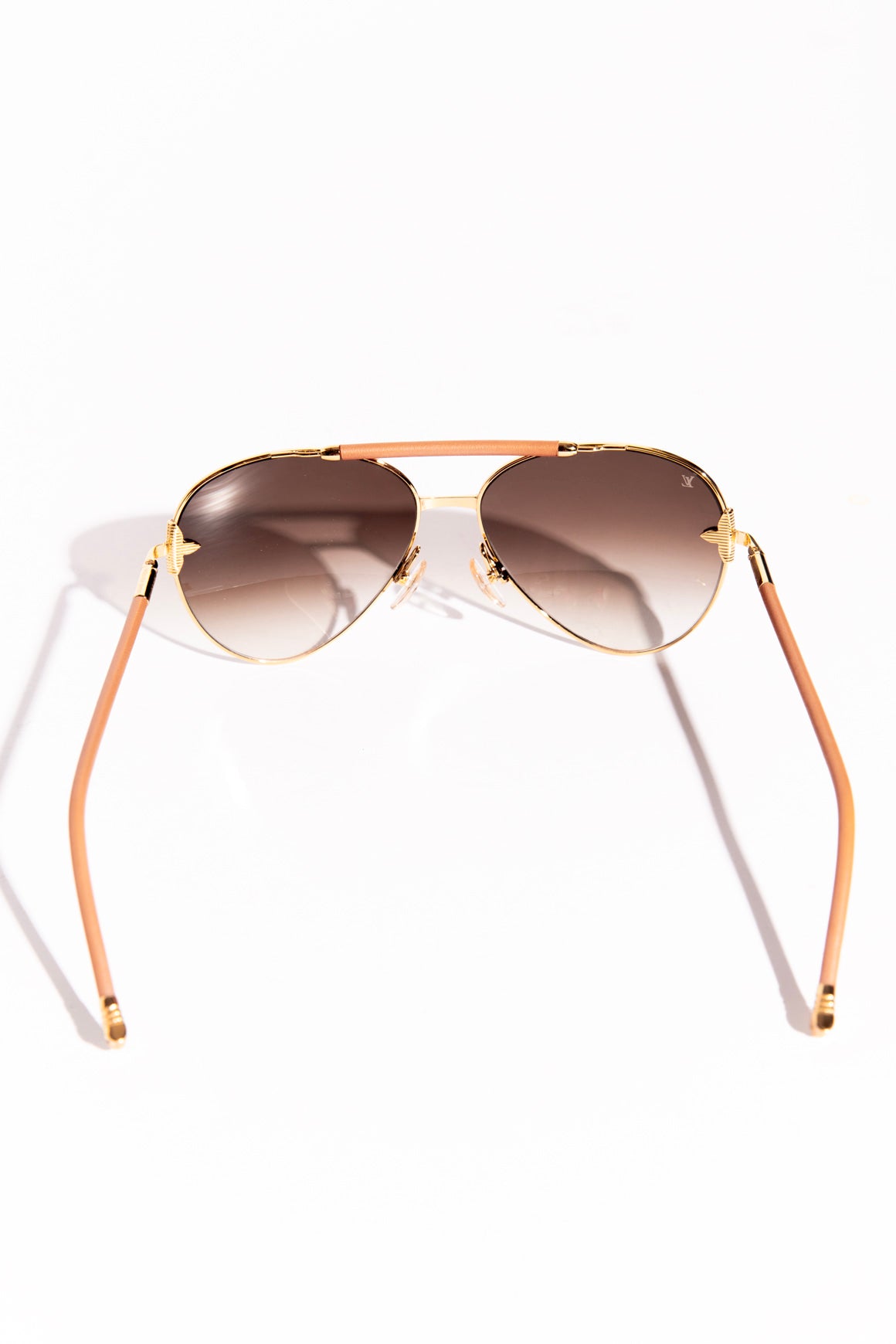 LOUIS VUITTON Gold Aviator Sunglasses W/ Leather Bridge