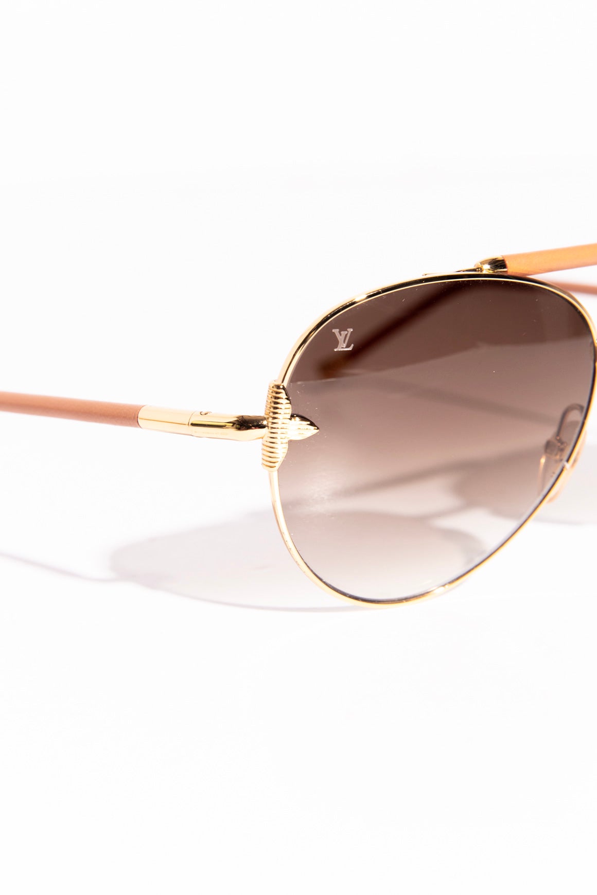 LOUIS VUITTON Gold Aviator Sunglasses W/ Leather Bridge